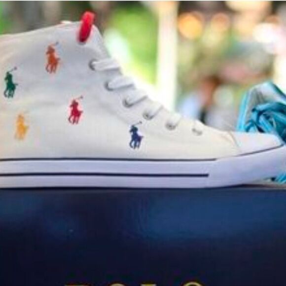 NWT-Polo Ralph Lauren White High-Top Sneakers with Multicolor Embroidery - Picture 2 of 16